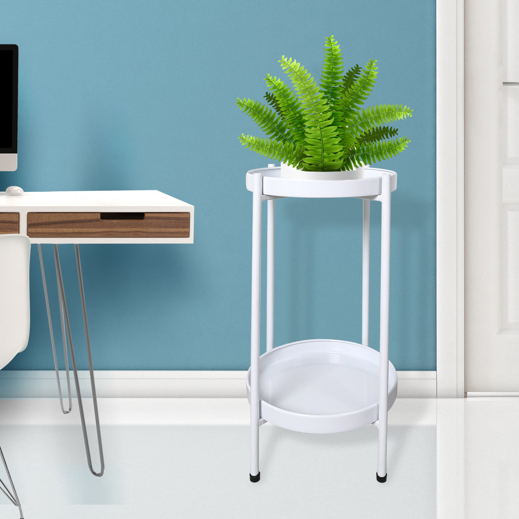 2 Tiers Plant Stand Metal Flower White Medium