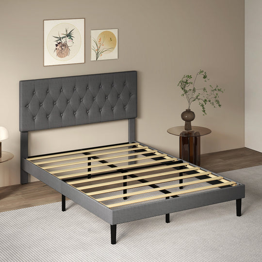 Grey Upholstered Queen Bed Frame 203.5x155x103cm