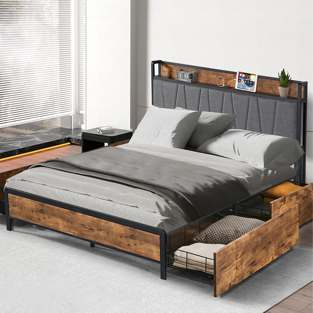 Queen Bed Frame With Soft Storage Drawers And USB Charging Headboard