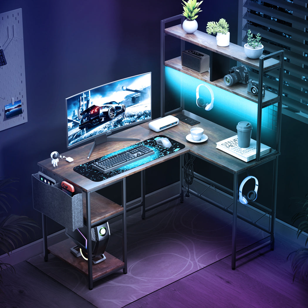 Contemporary L Shaped Gaming Desk with LED Lights Brown  Easy