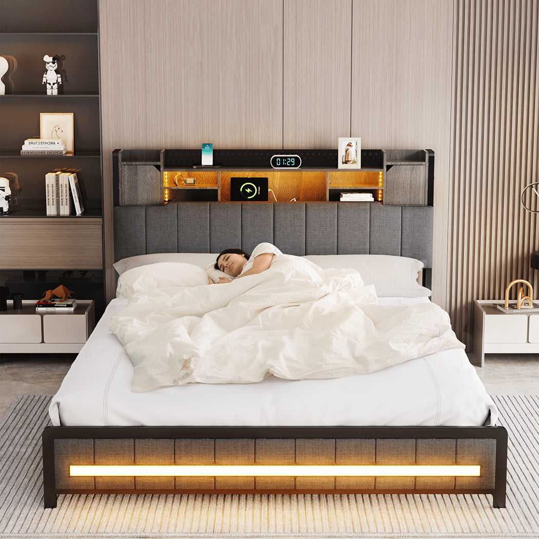 Queen Bed Frame With Storage Headboard And RGB LED Lighting, Luxury Adjustable