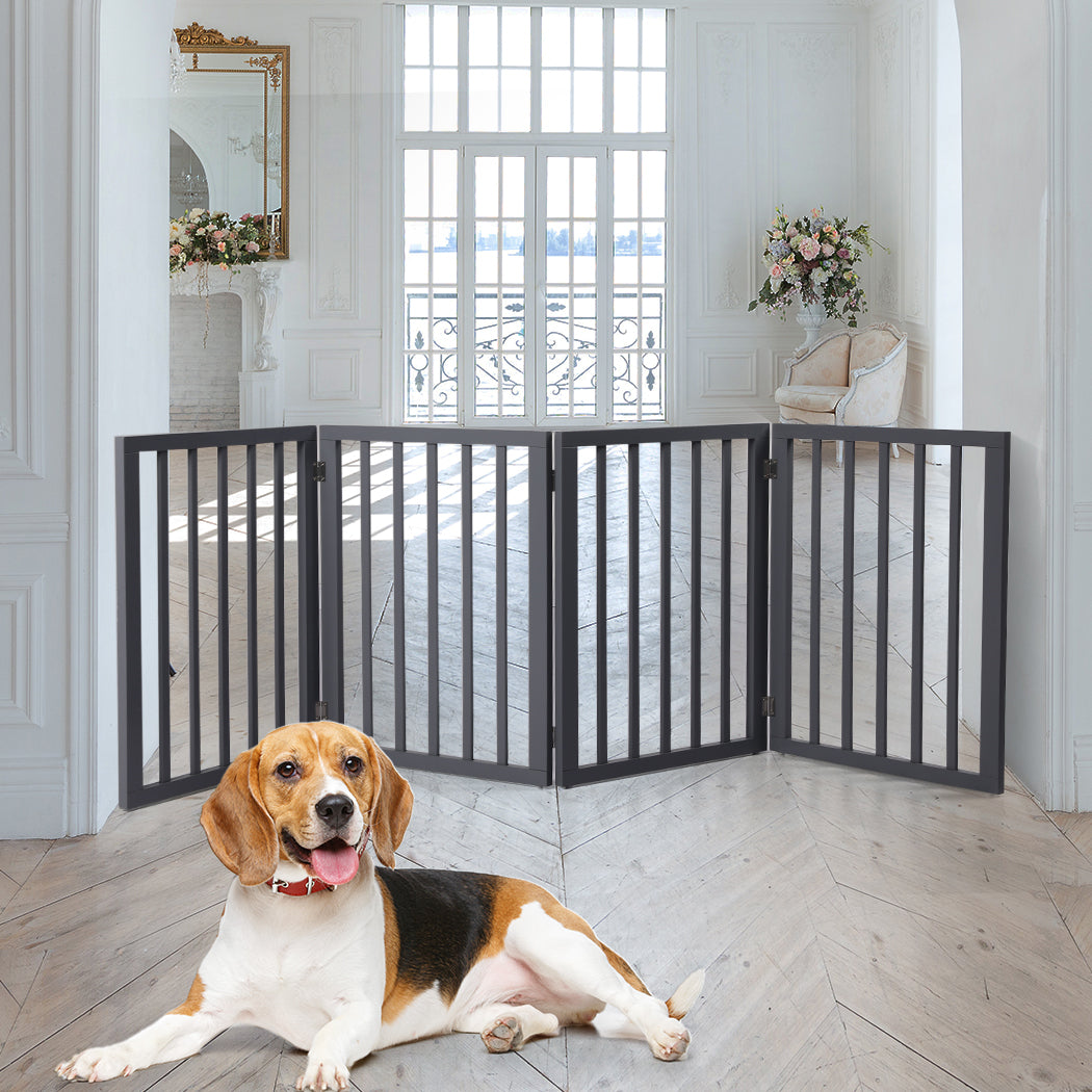 Wooden Pet Gate Dog Fence Foldable Barrier Door 4 Panel White/Grey
