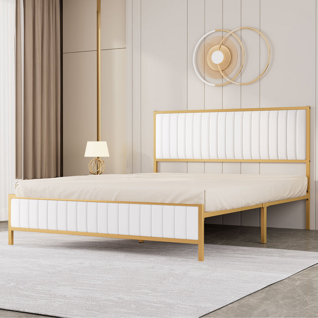 Metal Bed Frame With Under Bed Storage Double Beige Mattress Base