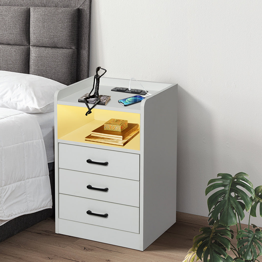 Cozy Bedside Table USB Charger Outlet LED White  Premium Quality