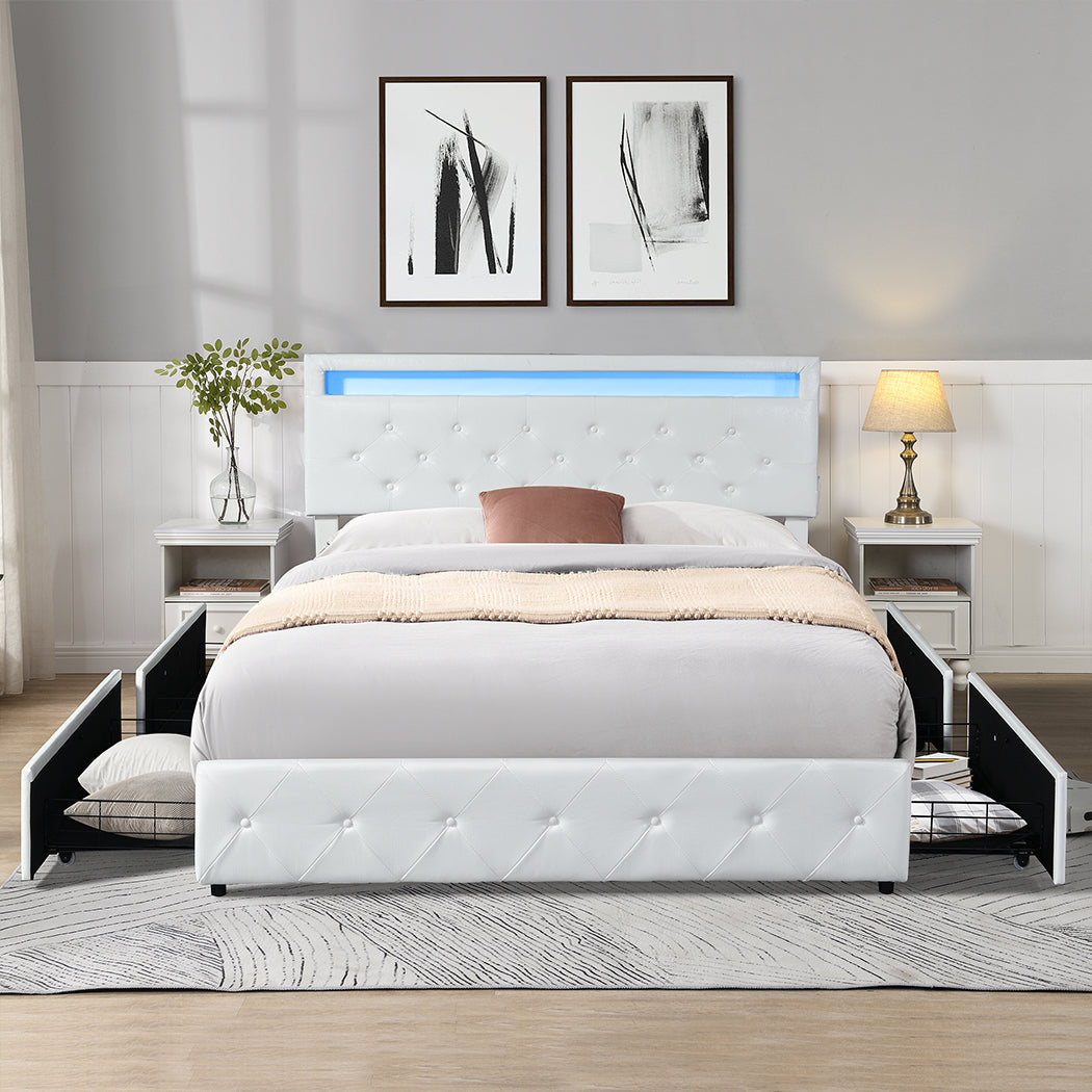 Queen Bed Frame With RGB LED And 4 Storage Drawers USB