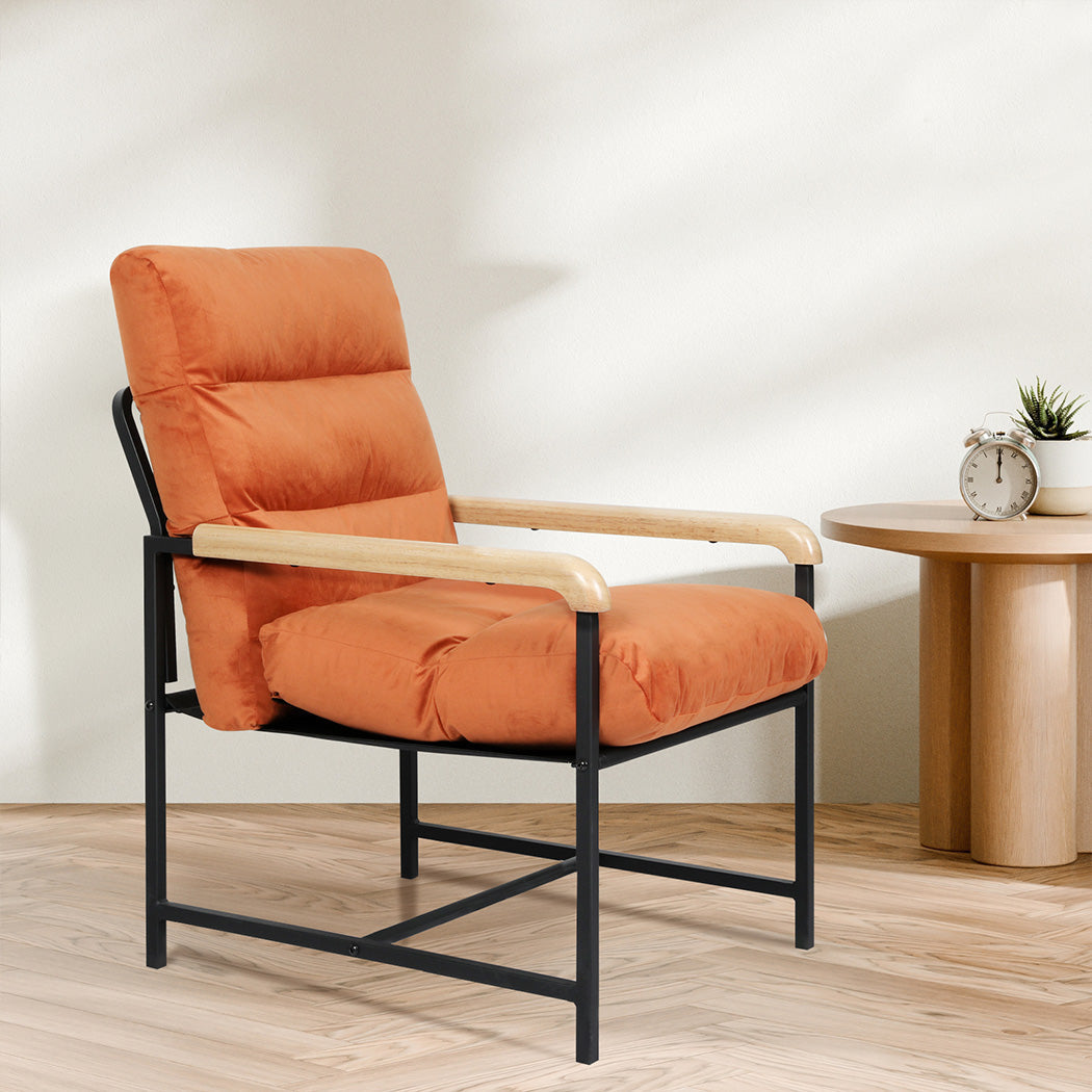 Premium Metal Framed Lounge Chair Velvet in Orange  High Back Support, id4