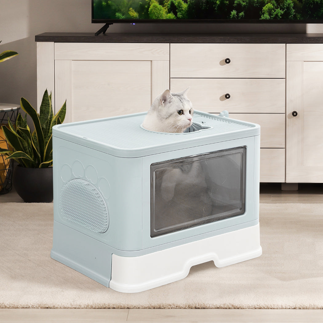 Foldable Cat Litter Box Tray Enclosed Blue