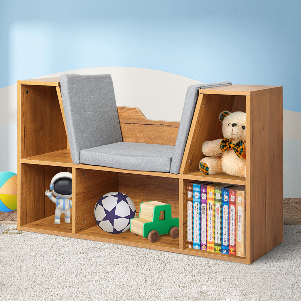 Kids Brown Bookcase & Toy Box Shelf Storage Organizer for Children