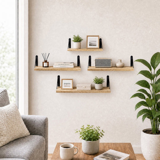 Floating Wall Shelves Rustic Wood 4pc Set - Furniture