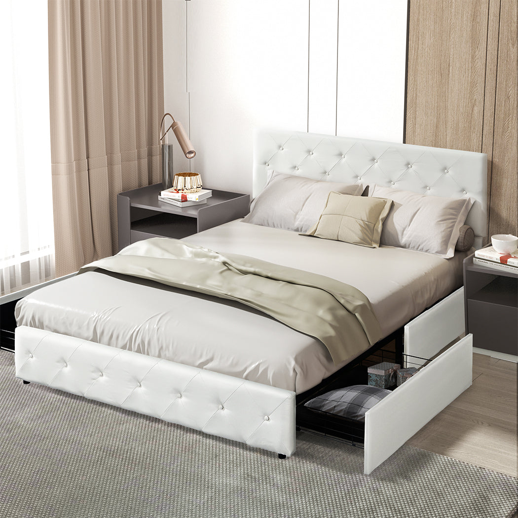 Queen Bed Frame Tufted Upholstered With 4 Storage Drawers
