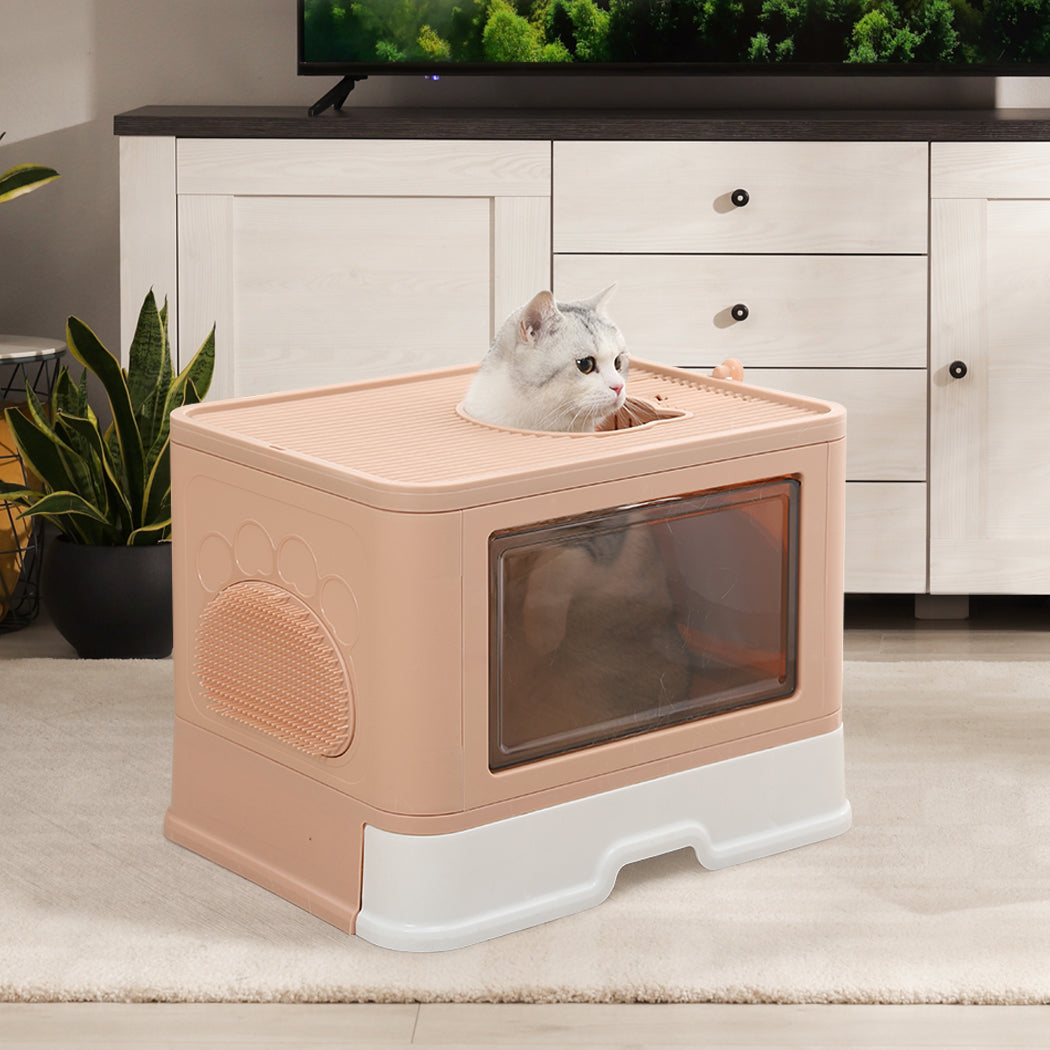Foldable Cat Litter Box Tray Enclosed Pink