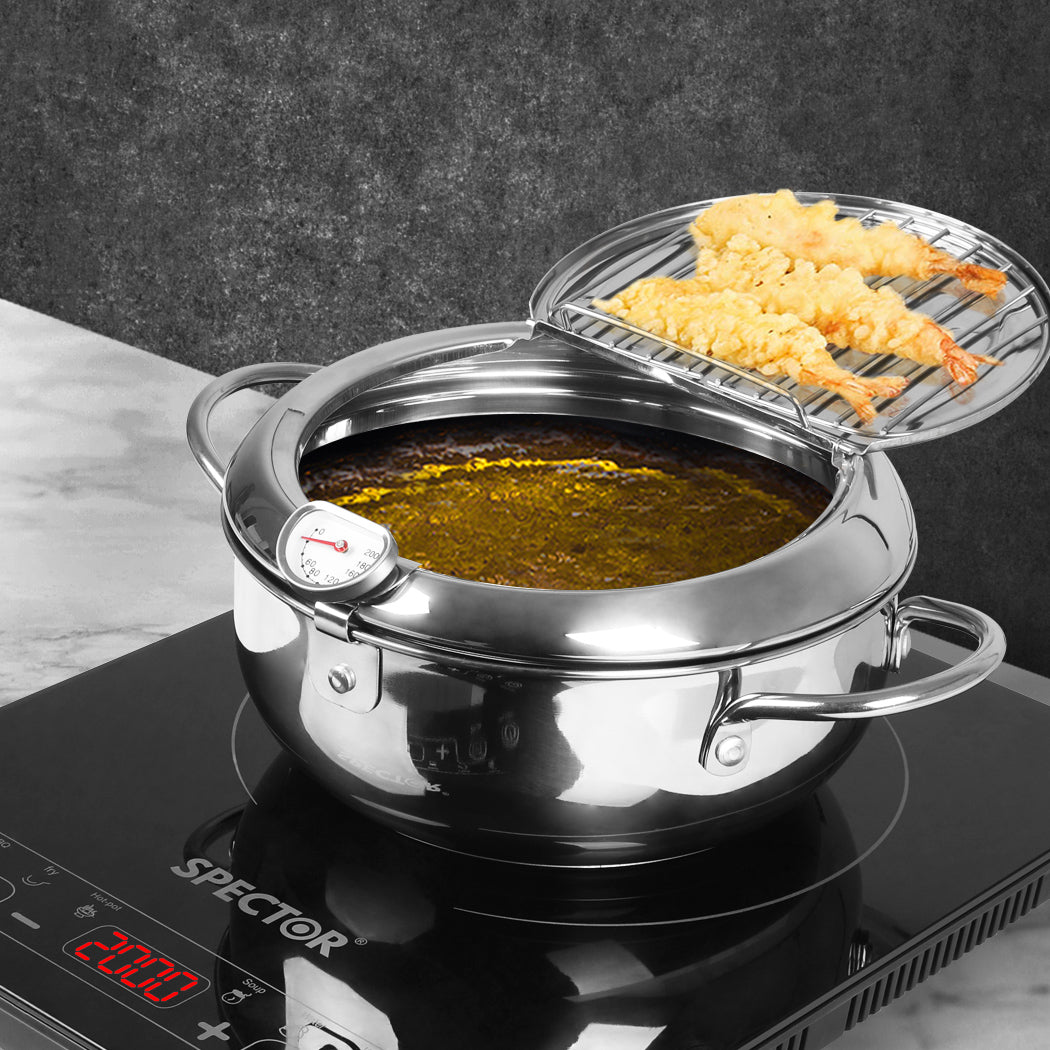 24cm Japanese Deep Frying Pan Pot with Thermometer Kitchen Tempura Fryer Silver