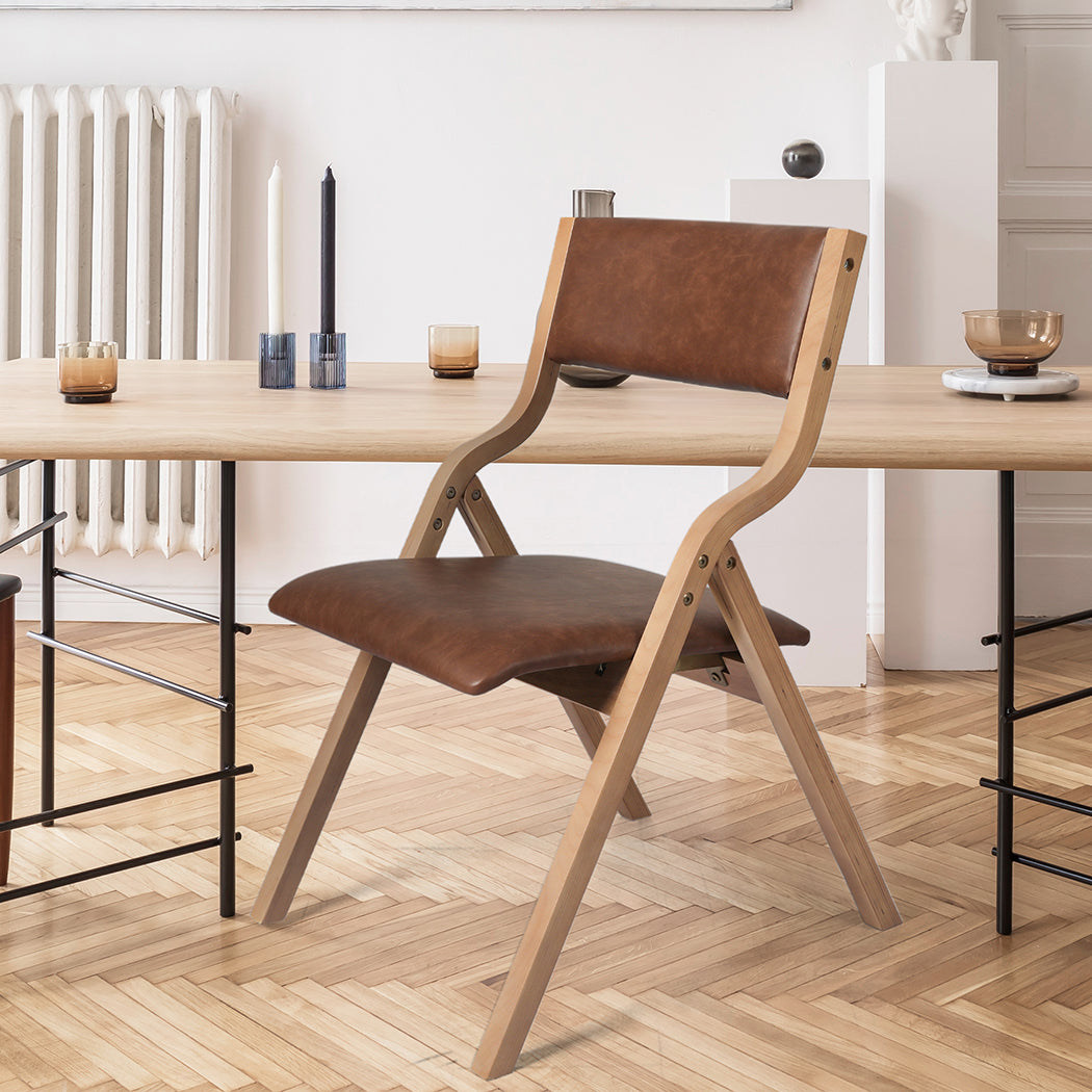 Elegant 6x Dining Chairs Foldable PU Tan  Wood Finish Classic