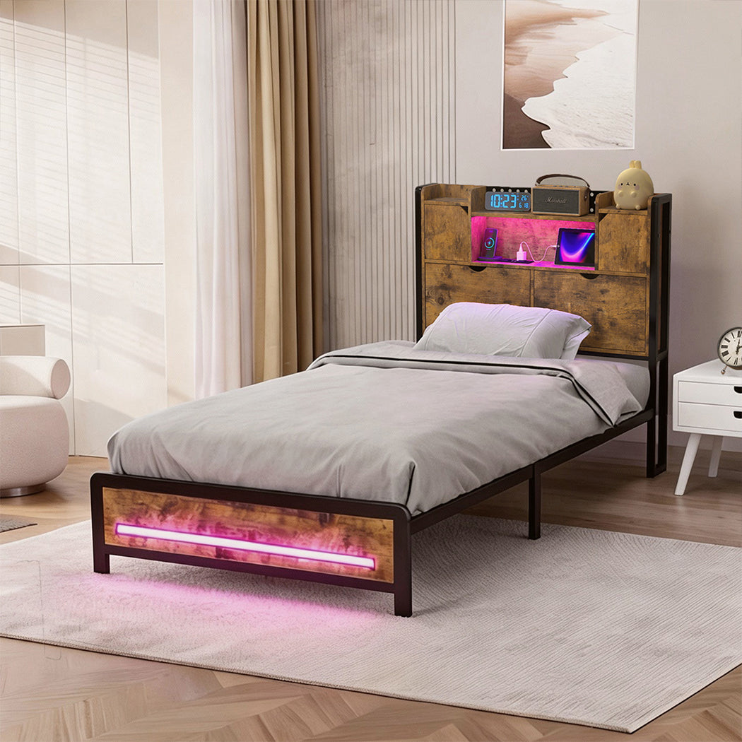 Single Bed Frame Storage Industrial 209x92x109cm