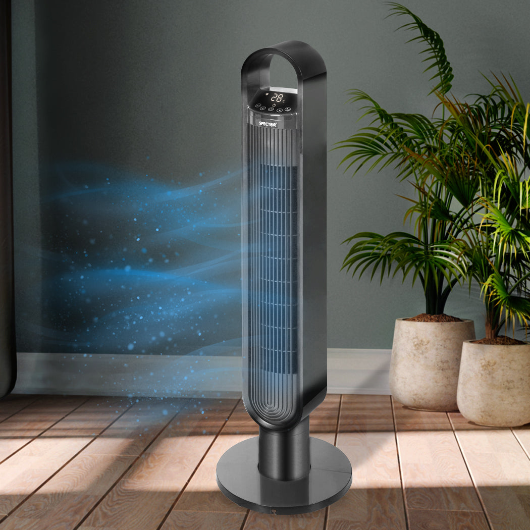 Portable Bladeless Tower Fan Black, Oscillating Remote Control Led