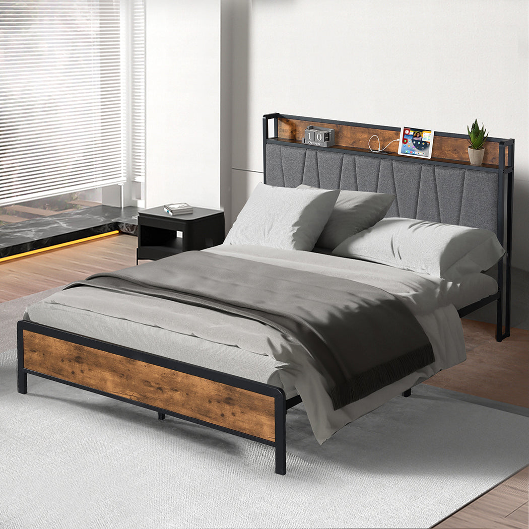 Tufted Double Bed Frame With USB Charging Headboard, Premium Charge High Back