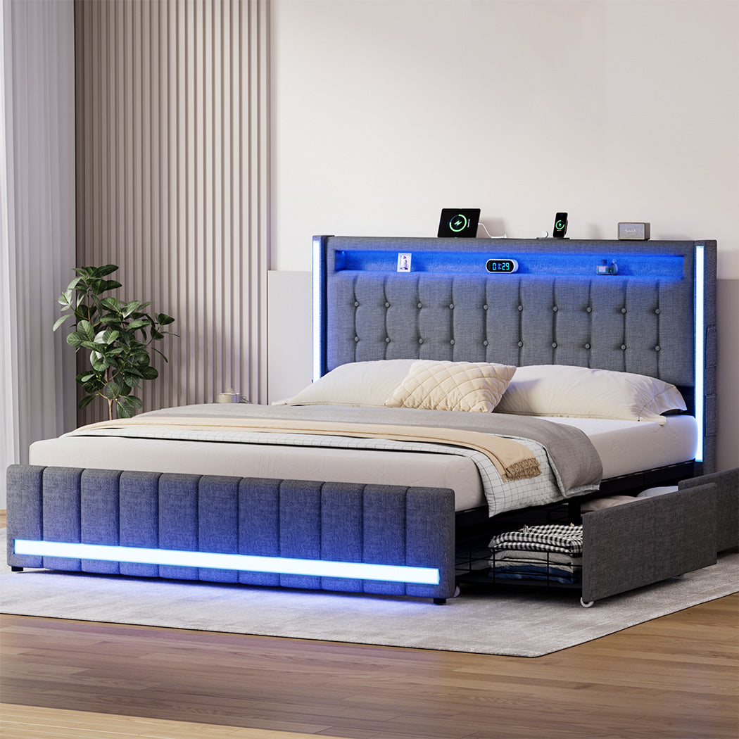 King Bed Frame With Fabric Storage Drawer And LED USB