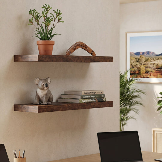 Floating Wall Shelves Set of 2 Brown MDF - Furniture