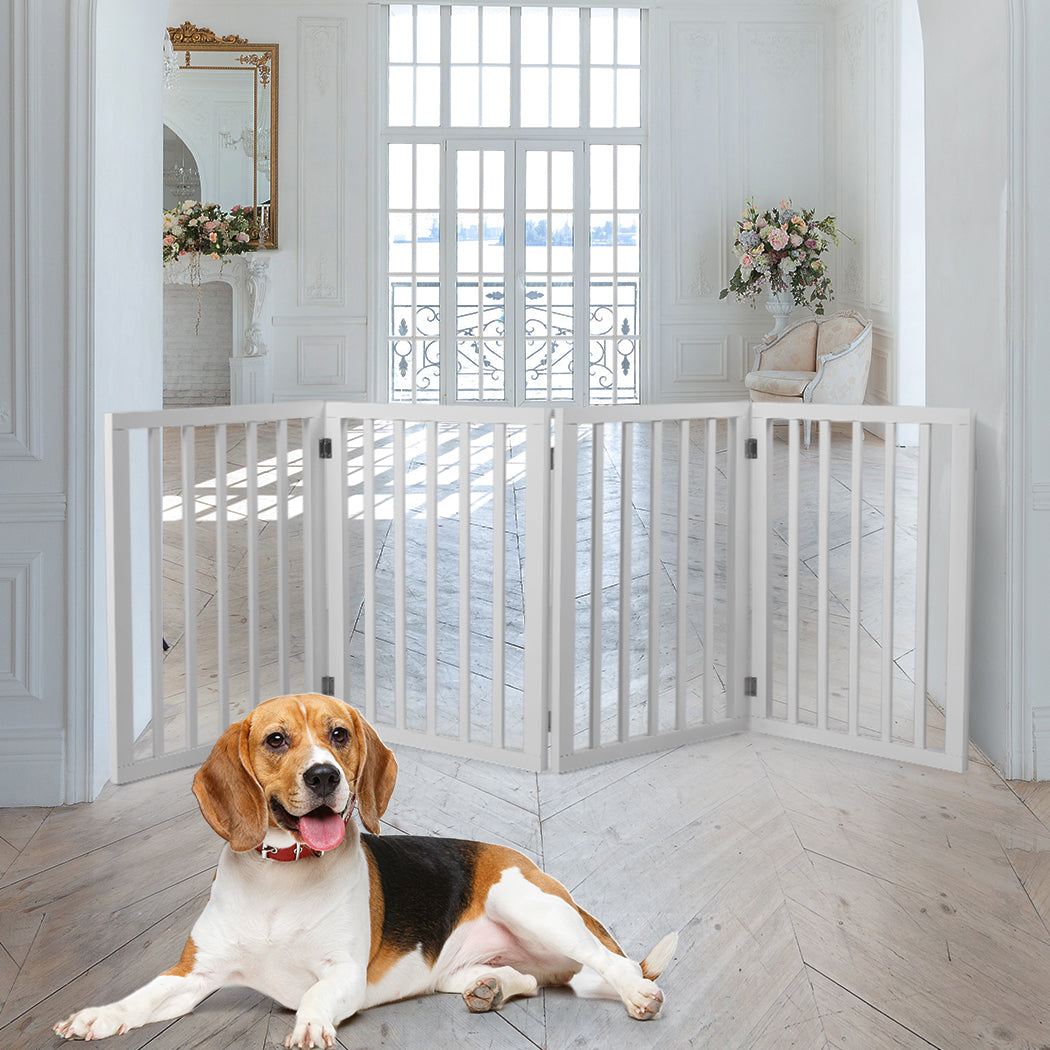 Wooden Pet Gate Dog Fence Foldable Barrier Door 4 Panel White/Grey