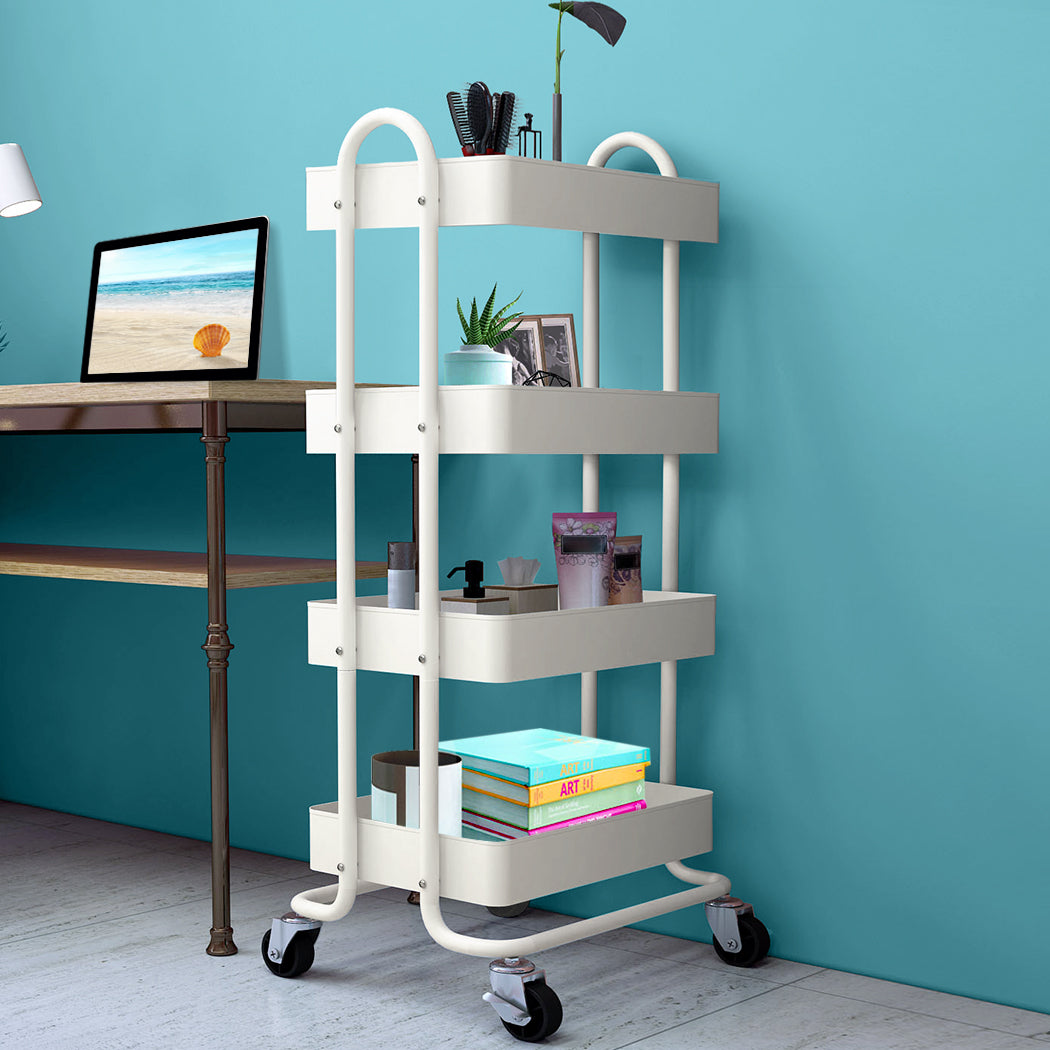 4 Tiers Kitchen Trolley Cart White, Steel Storage Rack Shelf