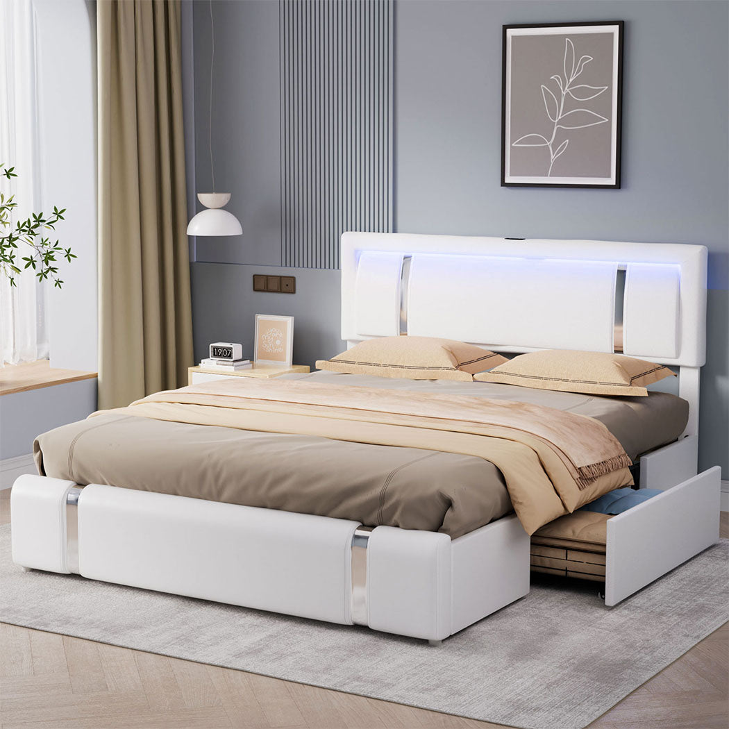 Double Bed Frame With Adjustable Headboard White Timber Design