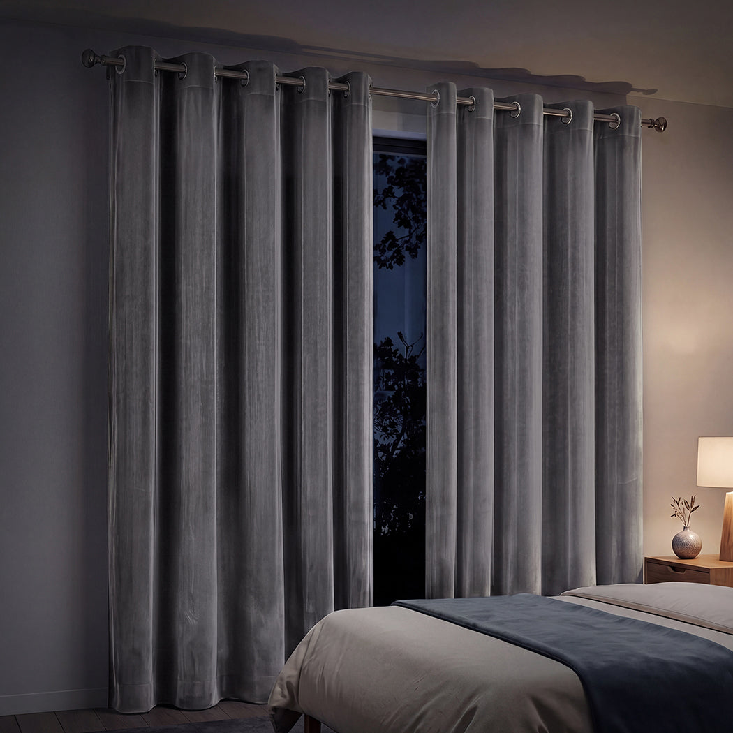 Velvet Blackout Curtains Eyelet 2 Panels Grey | Simpledeals