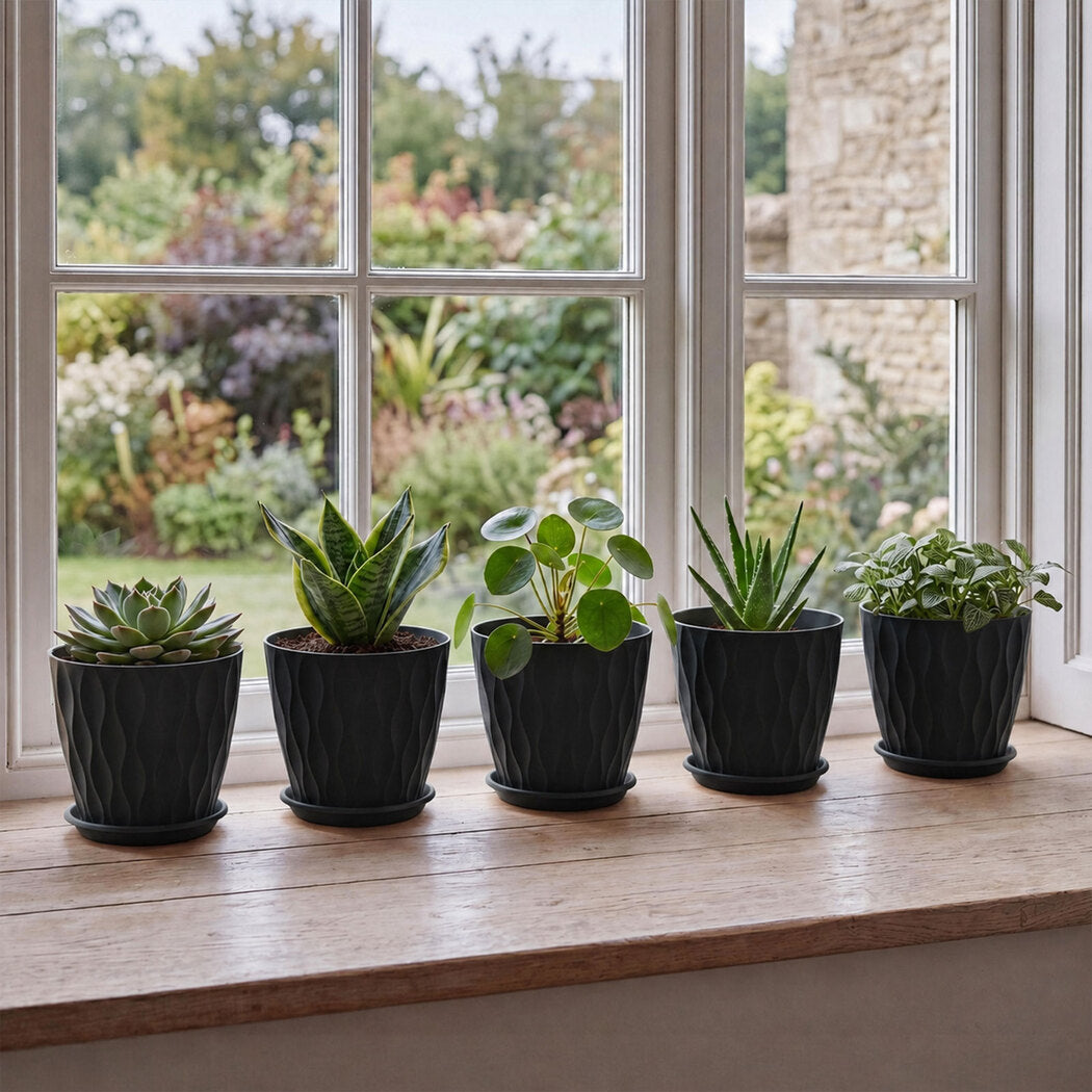 8 Inch Black Planter Pots Set 5 Drainage Saucers | Simpledea