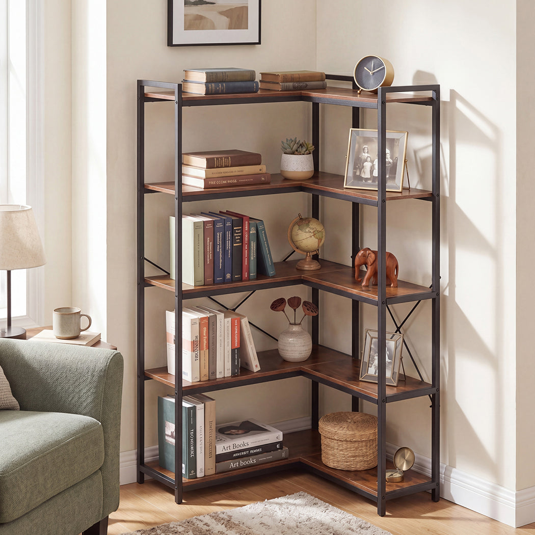 5 Tier Corner Bookshelf L-Shape Storage Brown | Simpledeals