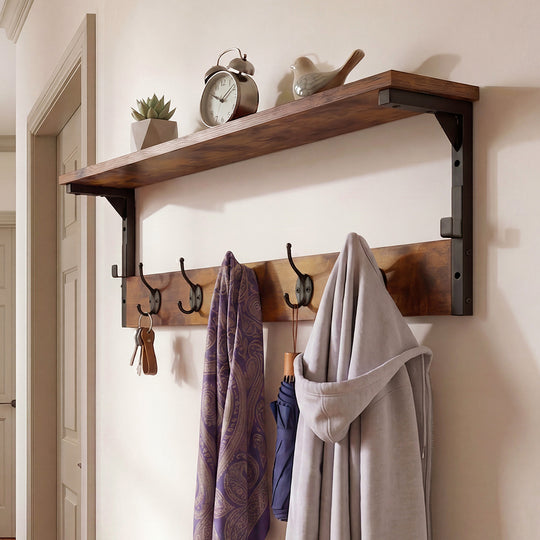 Wall Mounted Coat Rack Shelf 7 Hooks - Home & Garden