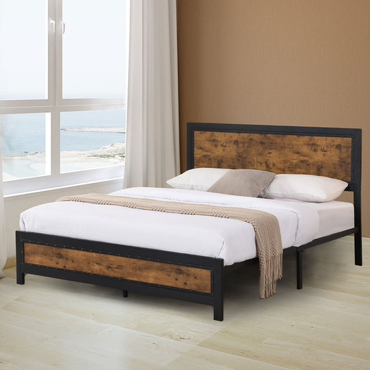 Wooden Rivets and Storage Drawers Double/Queen Metal Bed