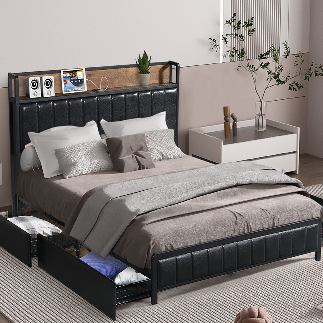 Queen Bed Frame With 4 Storage Drawers With USB Charge