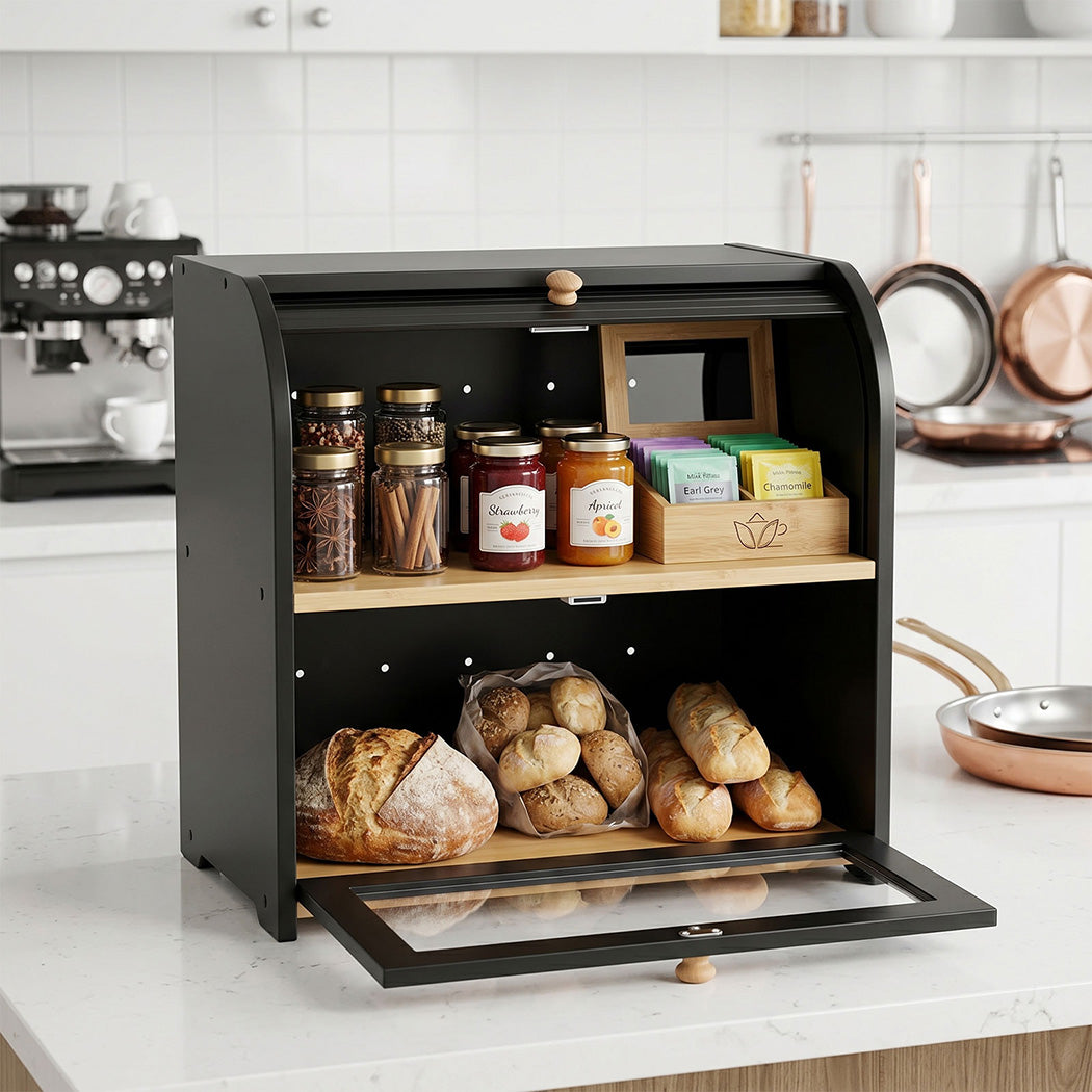 Bamboo Bread Bin 2 Tier Roll Top Kitchen Storage | Simpledea
