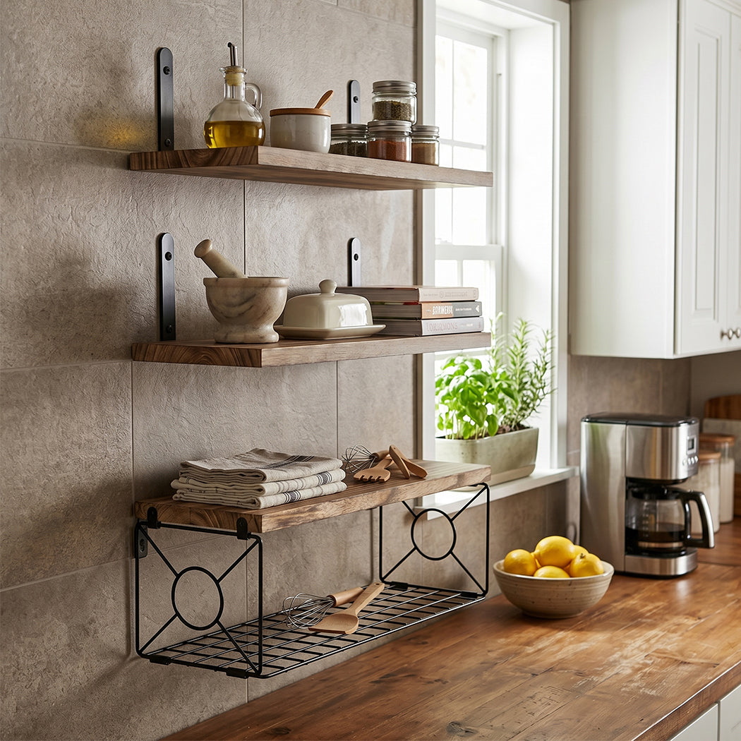 Floating Wall Shelves Set 3pc Basket Storage | Simpledeals