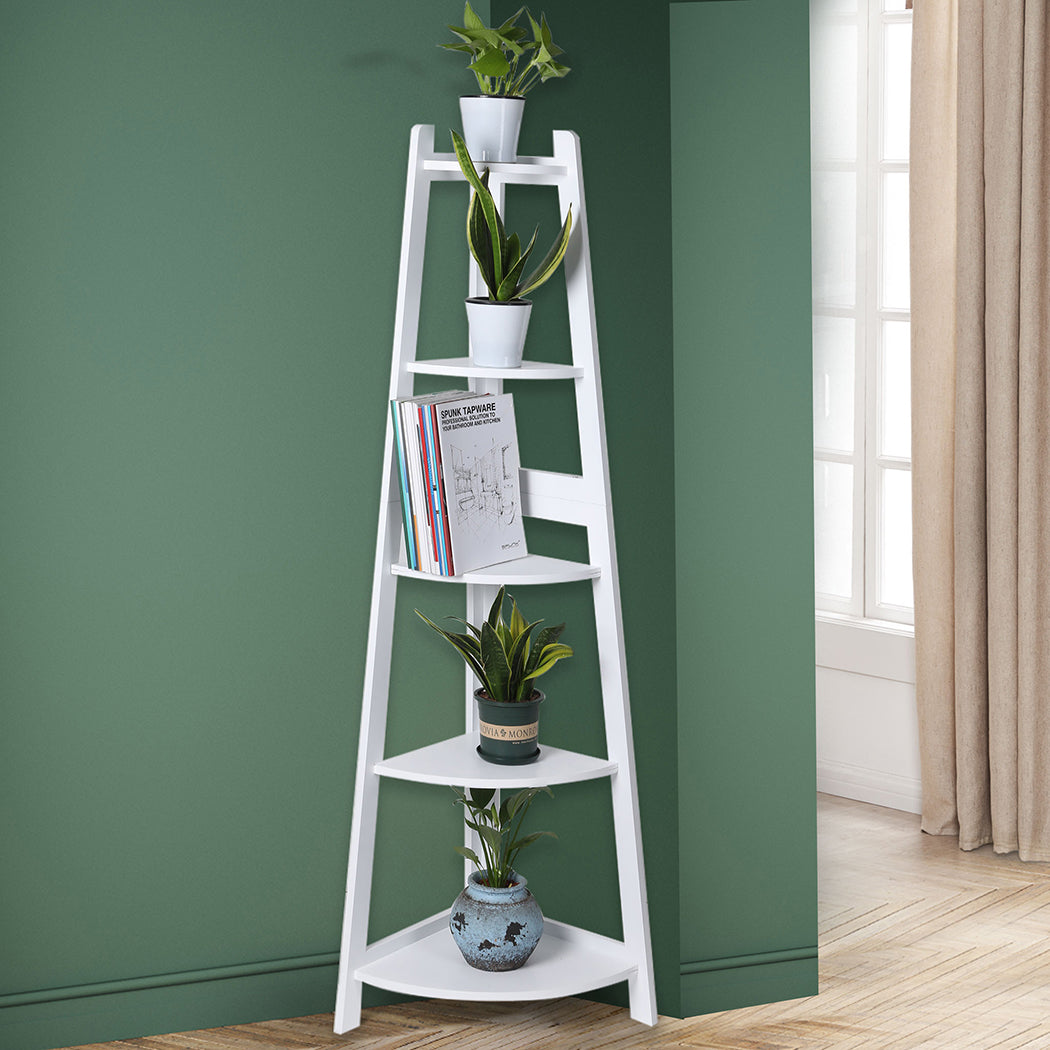 5 Tier Corner Shelf Wooden Storage White