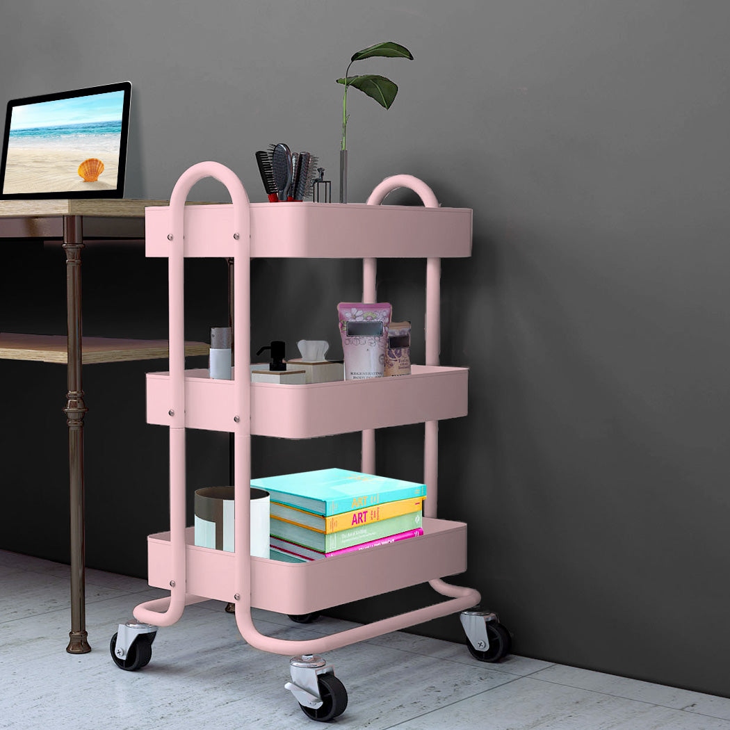 3 Tiers Kitchen Trolley Cart Pink, Steel Storage Rack