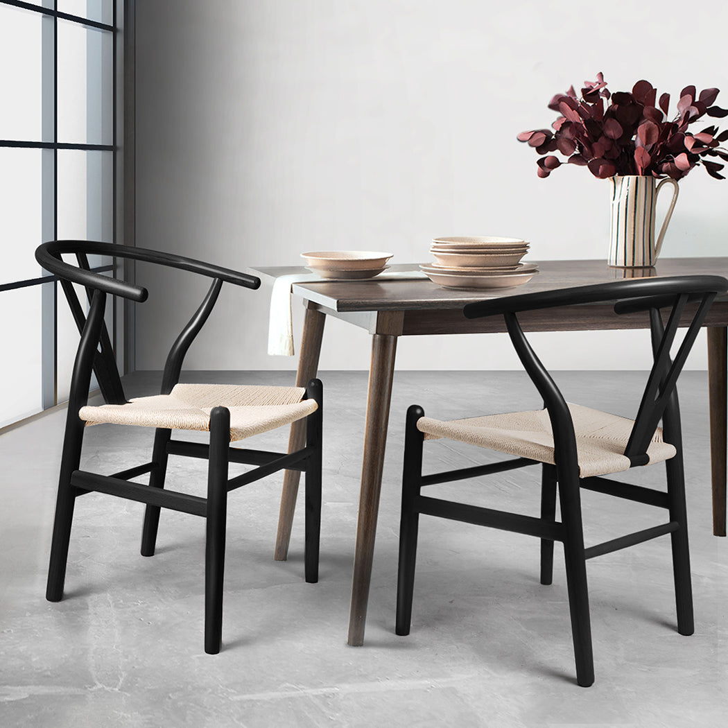 2x Dining Chairs Wooden Hans Wegner Chair-Black, id15&16