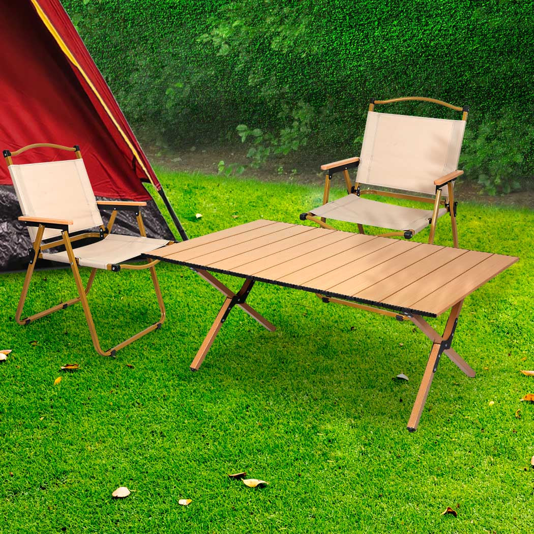 Folding Camping Table & Chair Set Oak Portable Outdoor Furniture