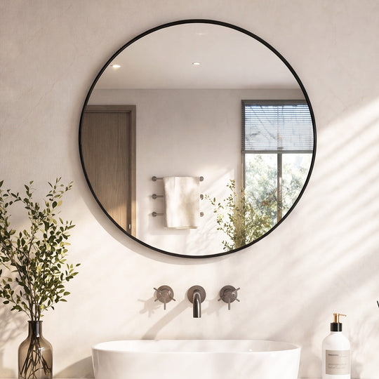 60cm Round Bathroom Mirror Black Frame HD Glass