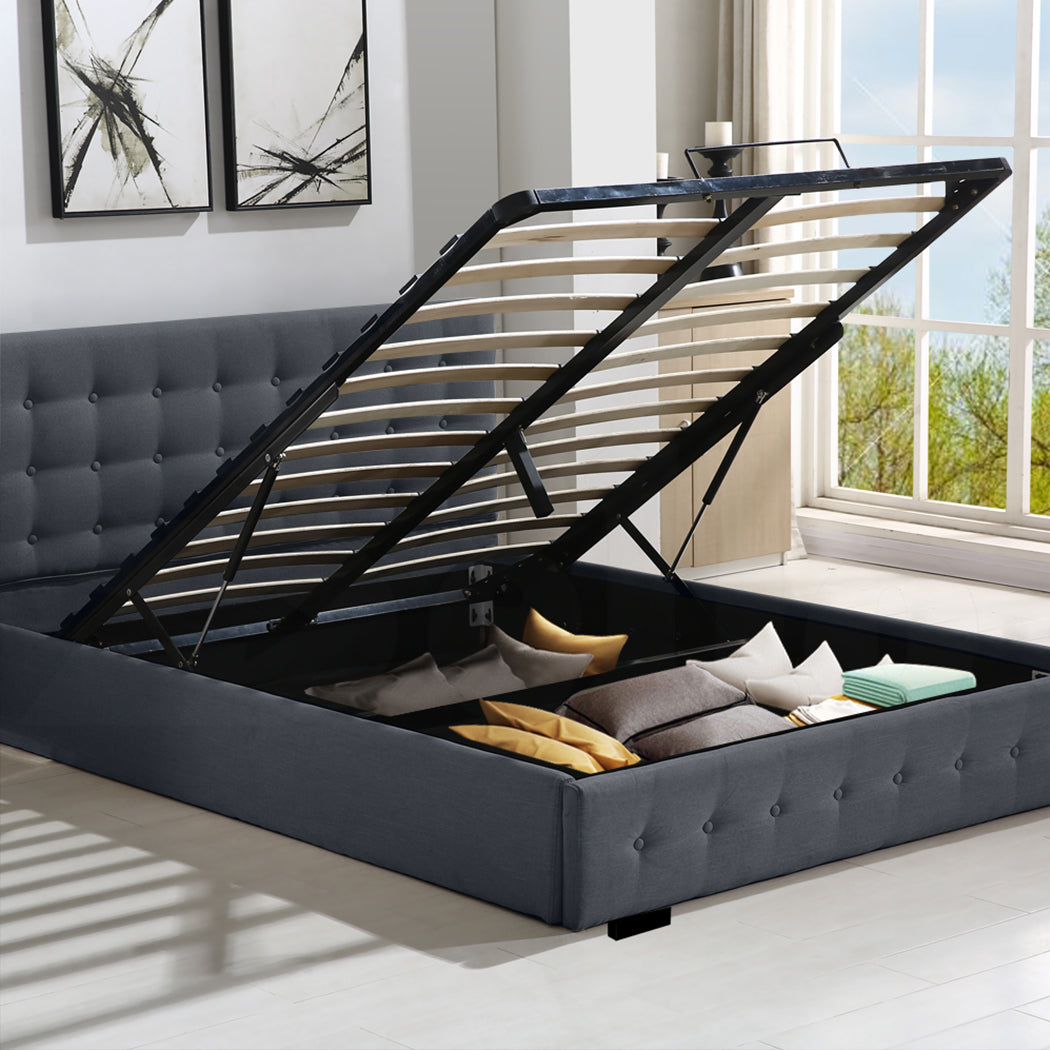 Gas Lift Bed Frame With Fabric Base Double Dark Grey Upholstery