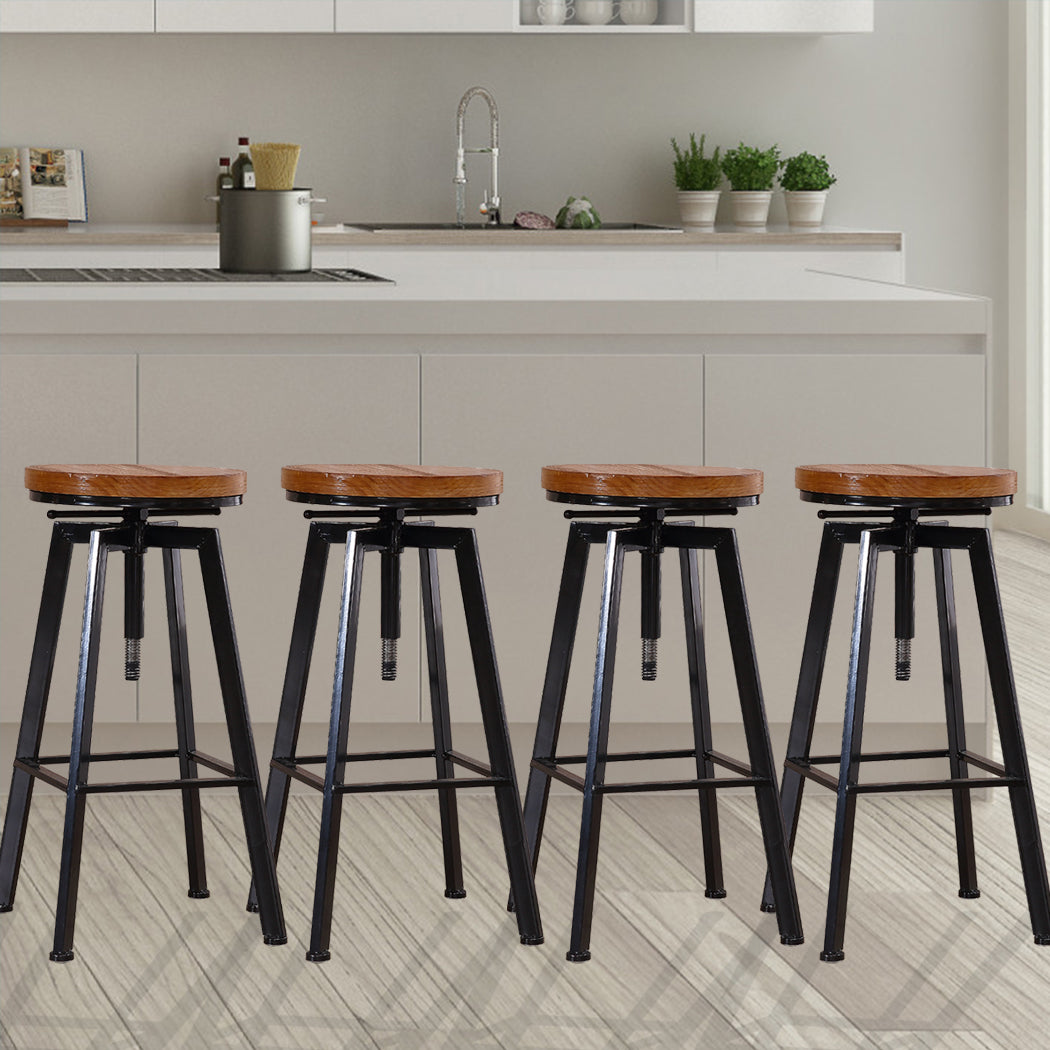 4x Bar Stools Industrial - Wooden Barstools Swivel Vintage