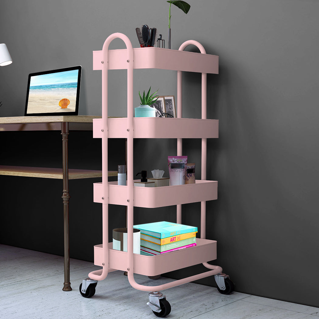 4 Tiers Kitchen Trolley Cart Steel Storage Rack Shelf Organizer Pink, Pink colour