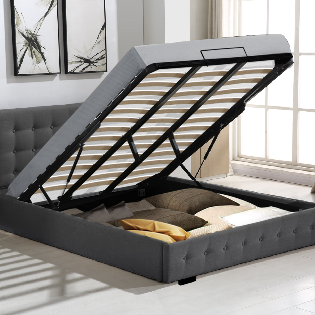 King Fabric Bed Frame Dark Grey Tufted Upholstered Bedroom Furniture