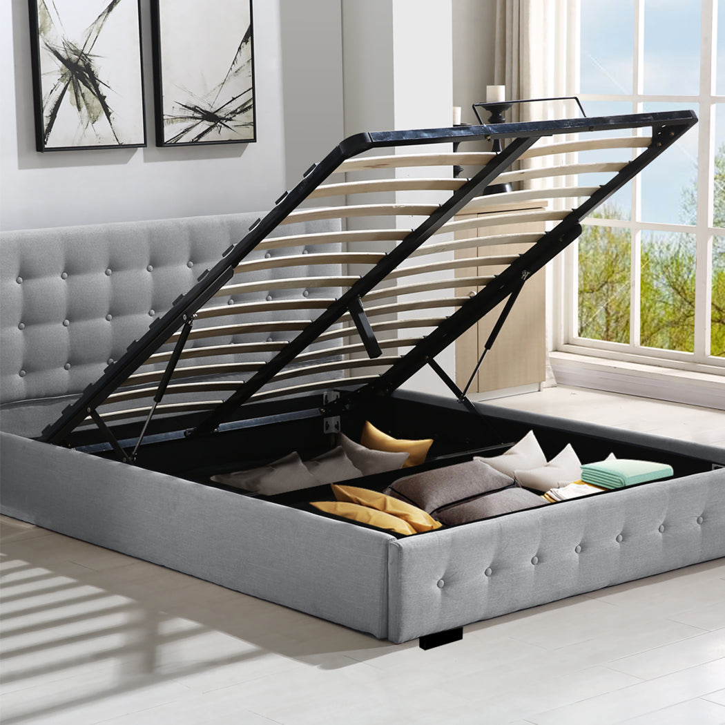 Queen Bed Frame Tufted Fabric Upholstered Grey Mattress Base