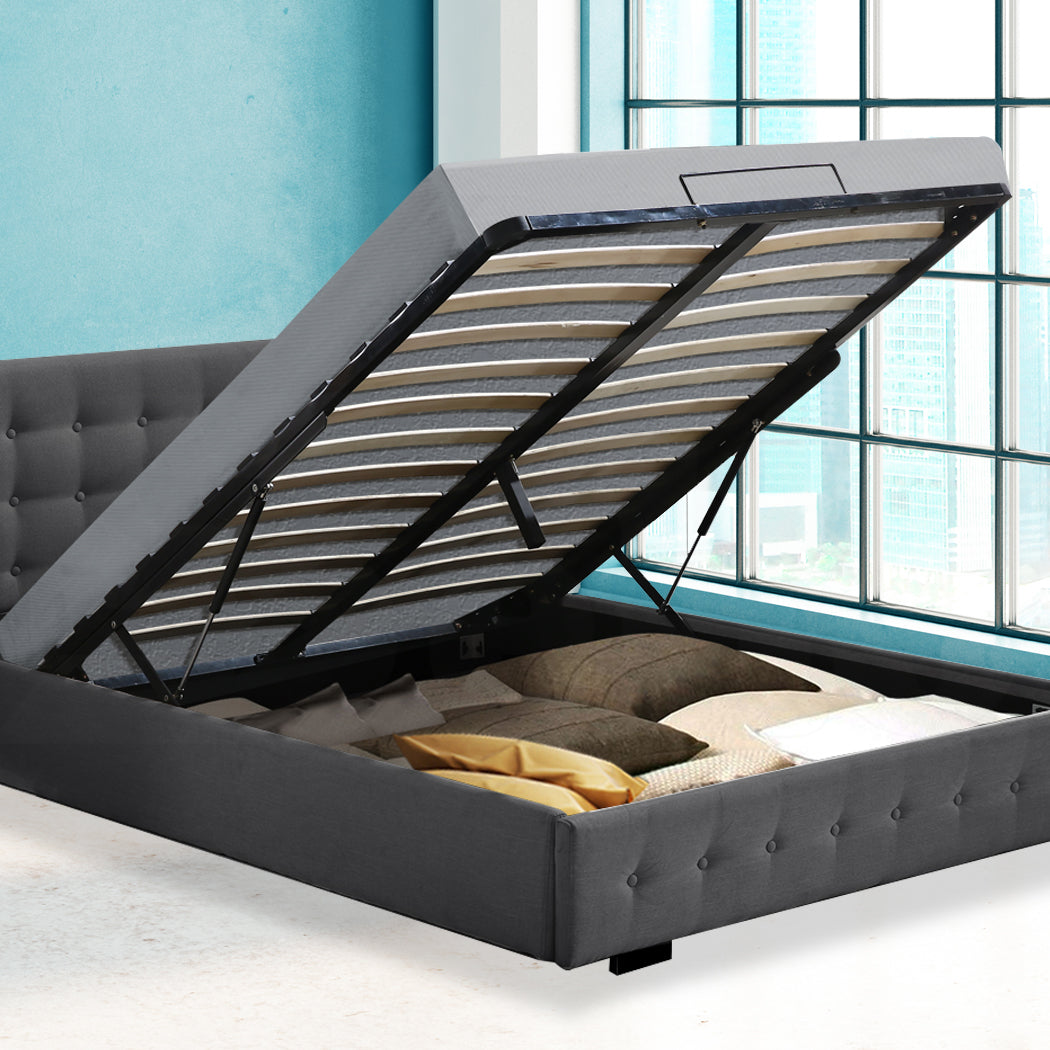 Gas Lift Bed Frame With Fabric Base Double Dark Grey Upholstery