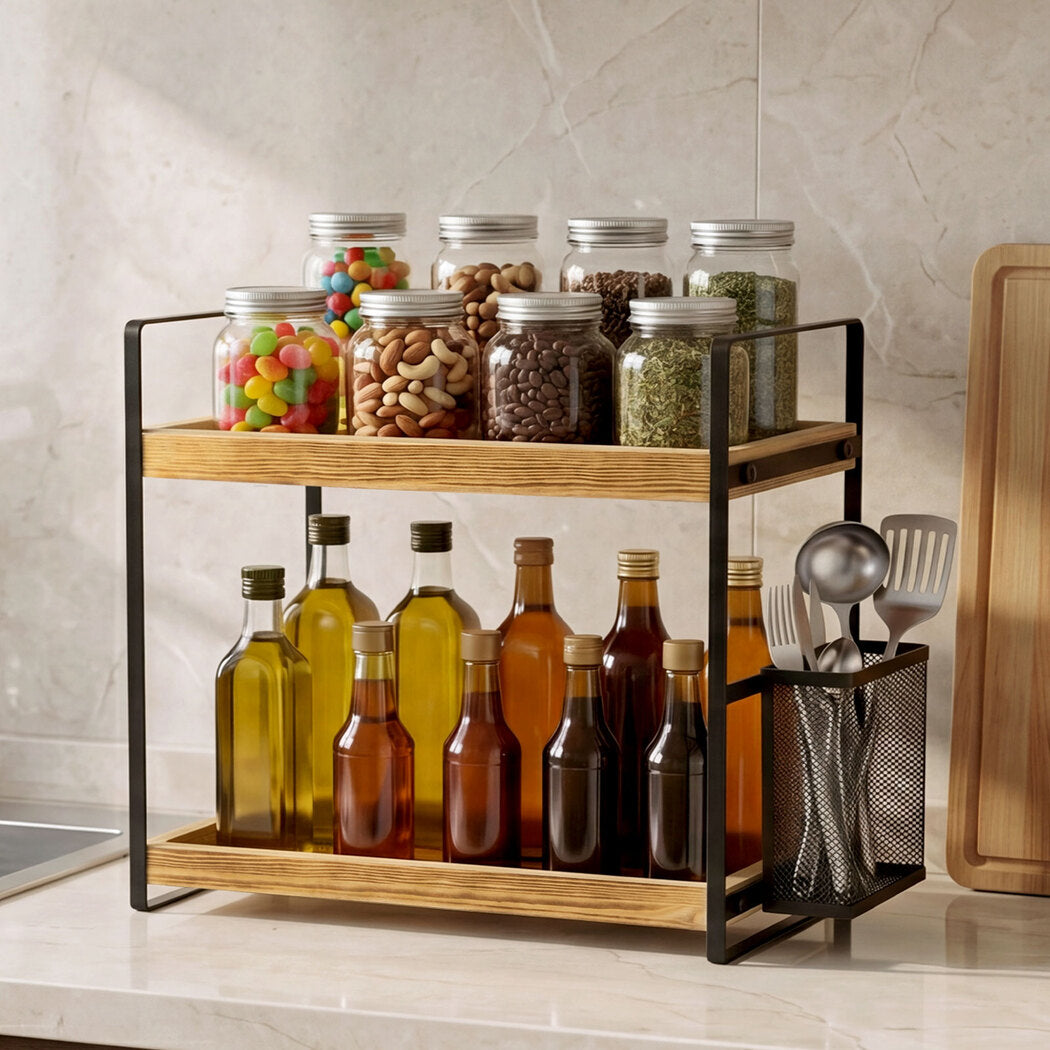 2-Tier Countertop Organiser Pine Wood Shelf | Simpledeals