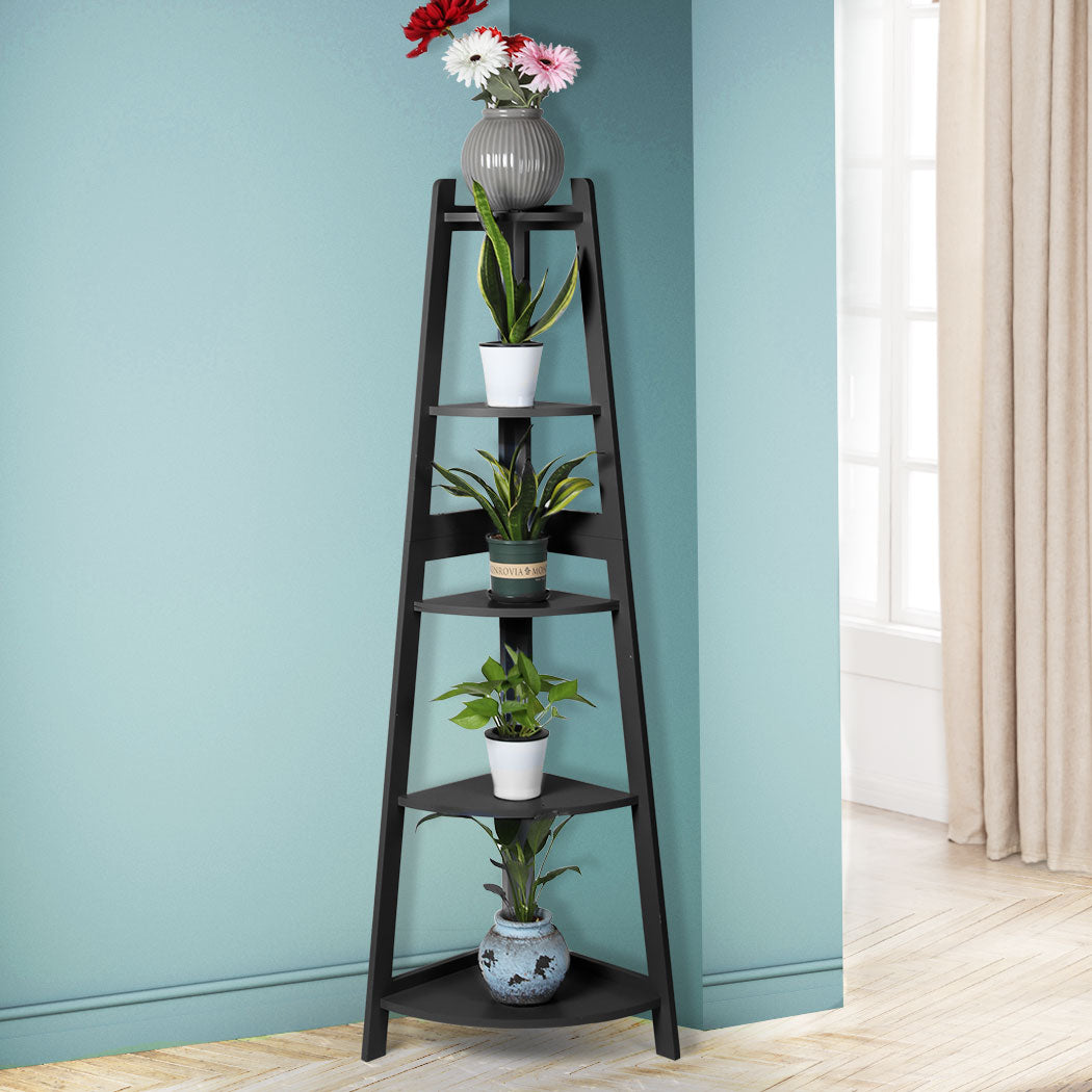 Contemporary 5 Tier Corner Shelf Wooden Storage Black  Durable Frame