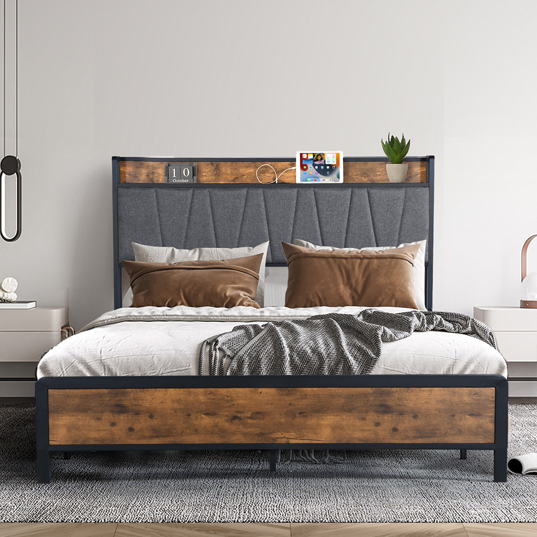 Tufted Double Bed Frame With USB Charging Headboard