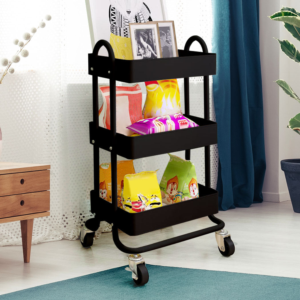 3 Tiers Kitchen Trolley Cart Black, Steel Storage Rack