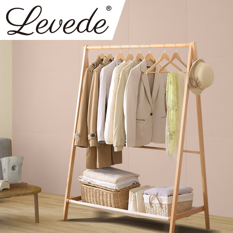 Clothes Rack Wooden Wardrobe Natural - Levede Stand Garment Dyring