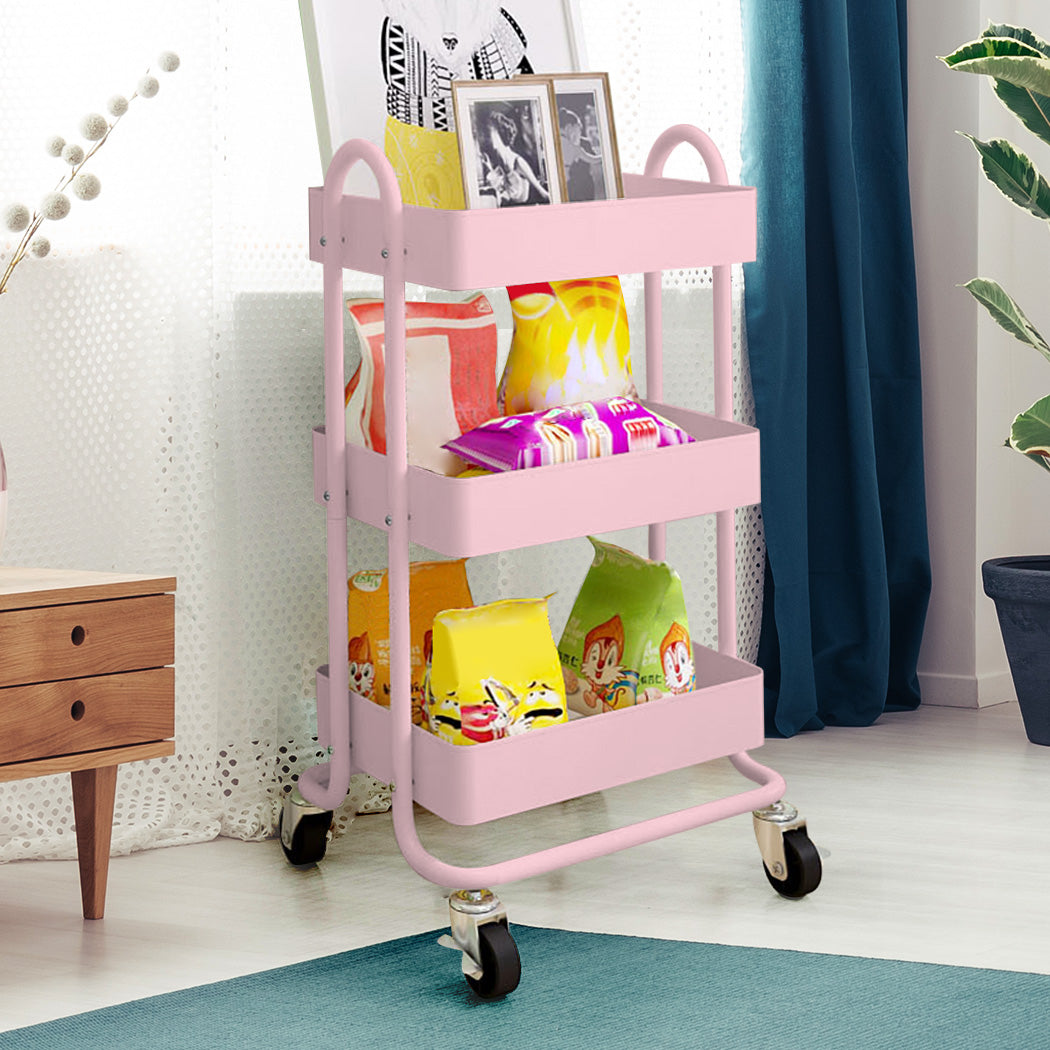 3 Tiers Kitchen Trolley Cart Pink - Steel Storage Rack
